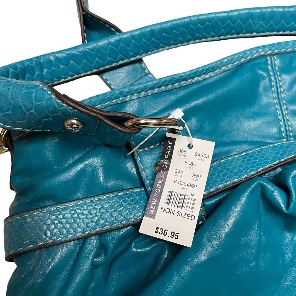 New York & Company Hobo Bag Women OS Teal Blue Snakeskin Trim Slouchy Crossbody